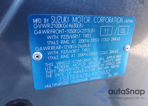 2006 Suzuki Grand Vitara Luxury z USA, uszkodzony, nr VIN JS3TE947864101882